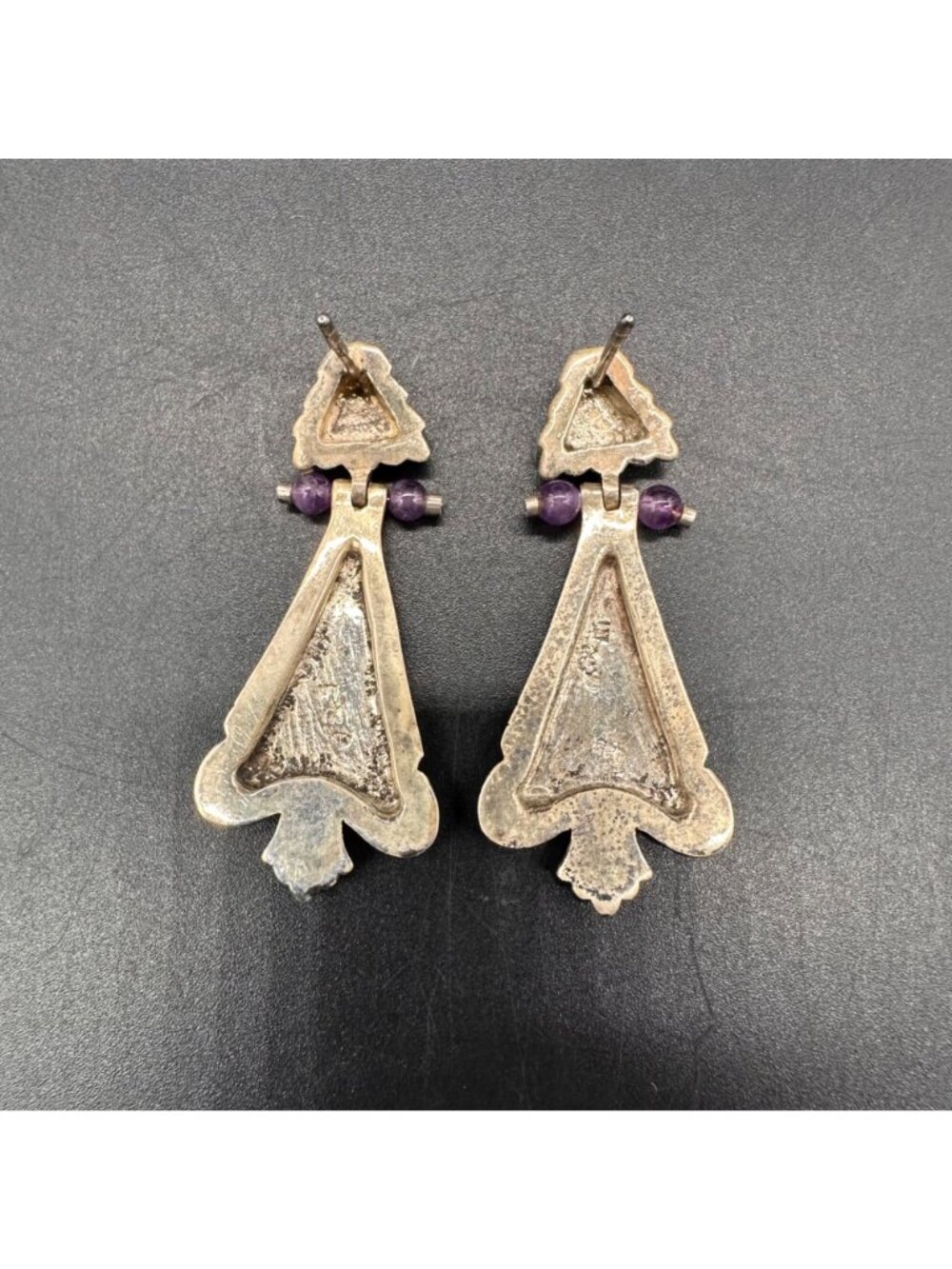 Vintage Sterling Silver Damascene Dangle Drop Earrings Amethyst Beads Spain - Picture 4 of 7